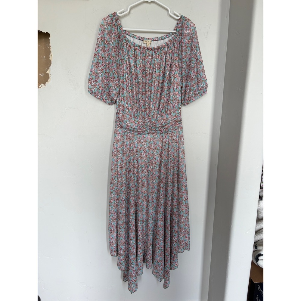 Joie De Vivre Floral Midi Dress Blue Pink Ruched Waist Handkerchief Hem Womens M